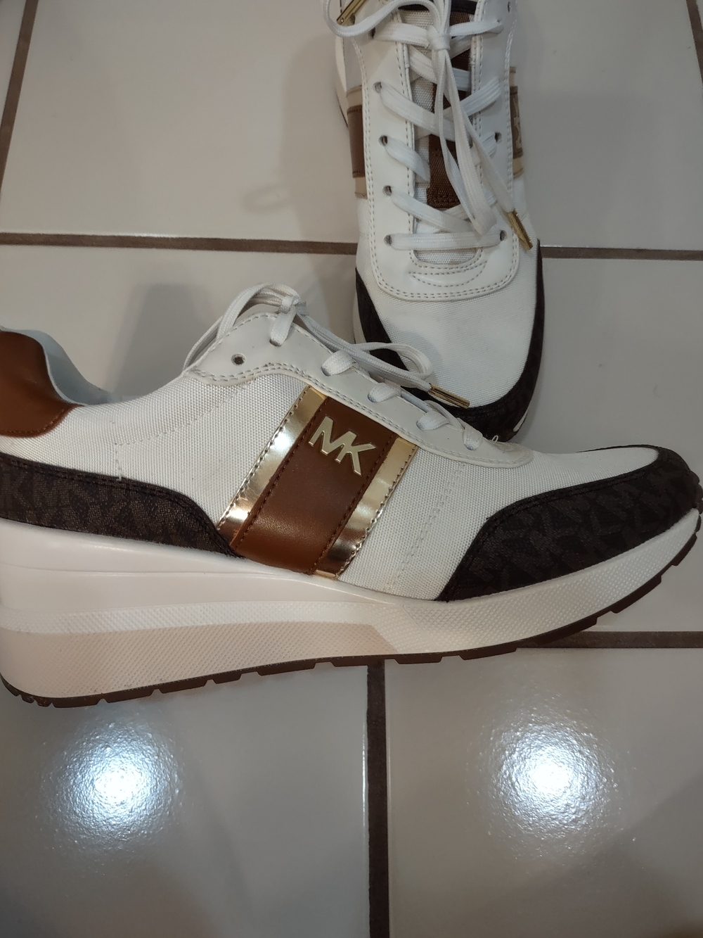 Michael Kors White & Brown MK Logo Platform Sneaker